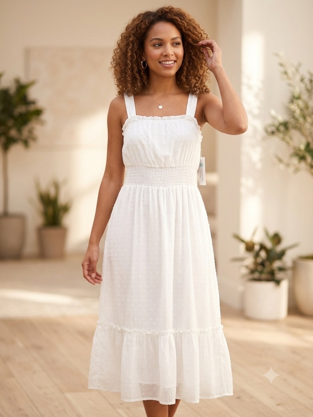 Stitch Fix Ivory Swiss Dot Smocked Midi Dress Size M